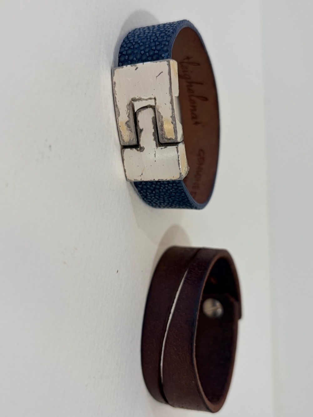 Leather Bracelet Lot Blue Stingray Texture & Brown Wrap Cuff 2 Piece